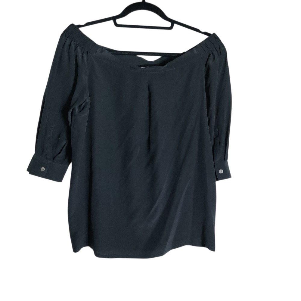 Theory Joscla Mosaic Black 100% Silk Off Shoulder 3/4 Sleeve Blouse Top Petite P